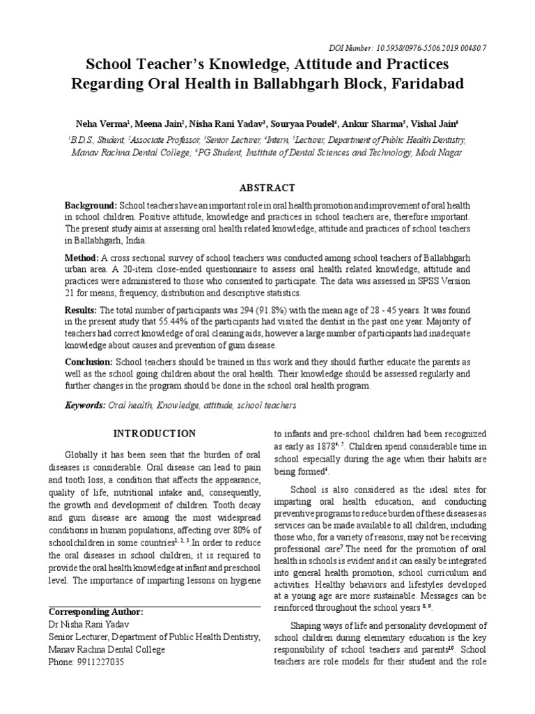Oral Health Practices of Ballabhgarh Teachers | PDF | Oral Hygiene ...