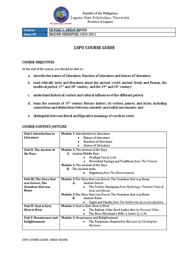 GE ELEC 2 Course Guide: Great Books | PDF | Online And Offline | Cupid