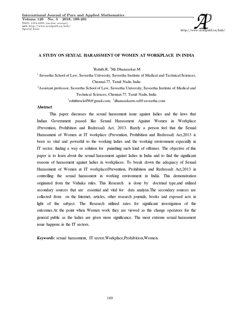 A Study On Sexual Harassment of Women at Workplace in India | PDF ...