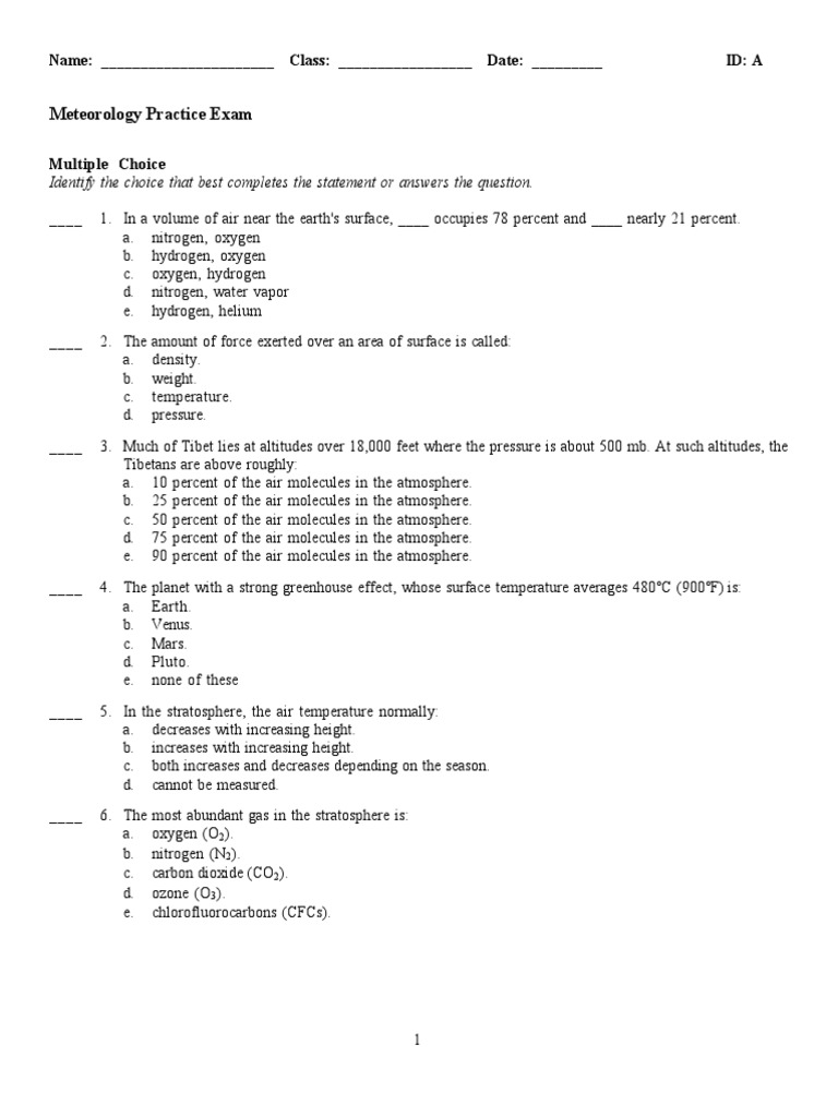 Meteorology Practice Exam Questions | PDF