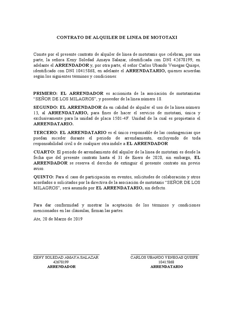 Contrato de Alquiler de Linea de Mototaxi | PDF