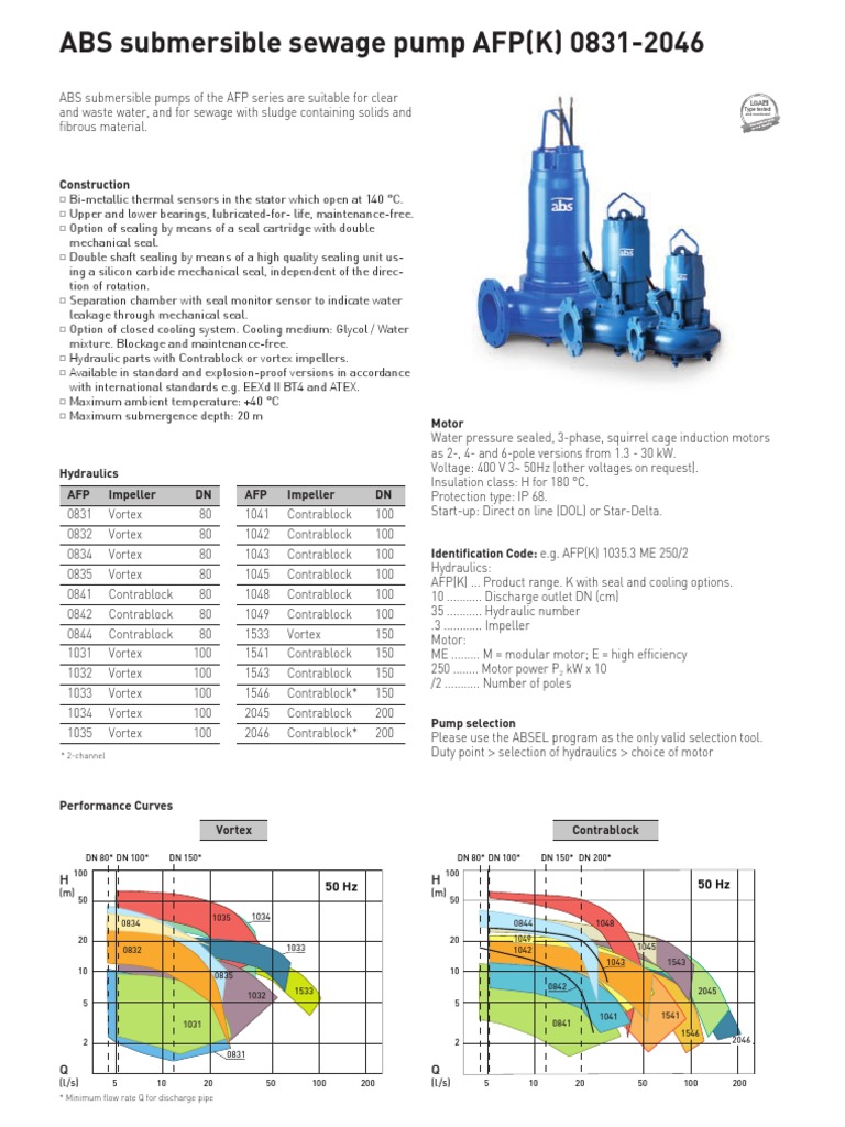 ABS AFP Submersible Sewage Pump Guide | PDF | Pump | Mechanical Engineering