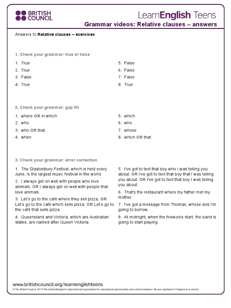 Grammar Videos: Relative Clauses - Answers: 1. Check Your Grammar: True ...