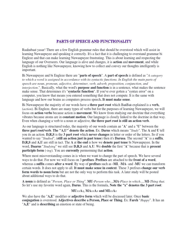 Nuwaupuyee Parts of Speech Guide | PDF | Part Of Speech | Verb