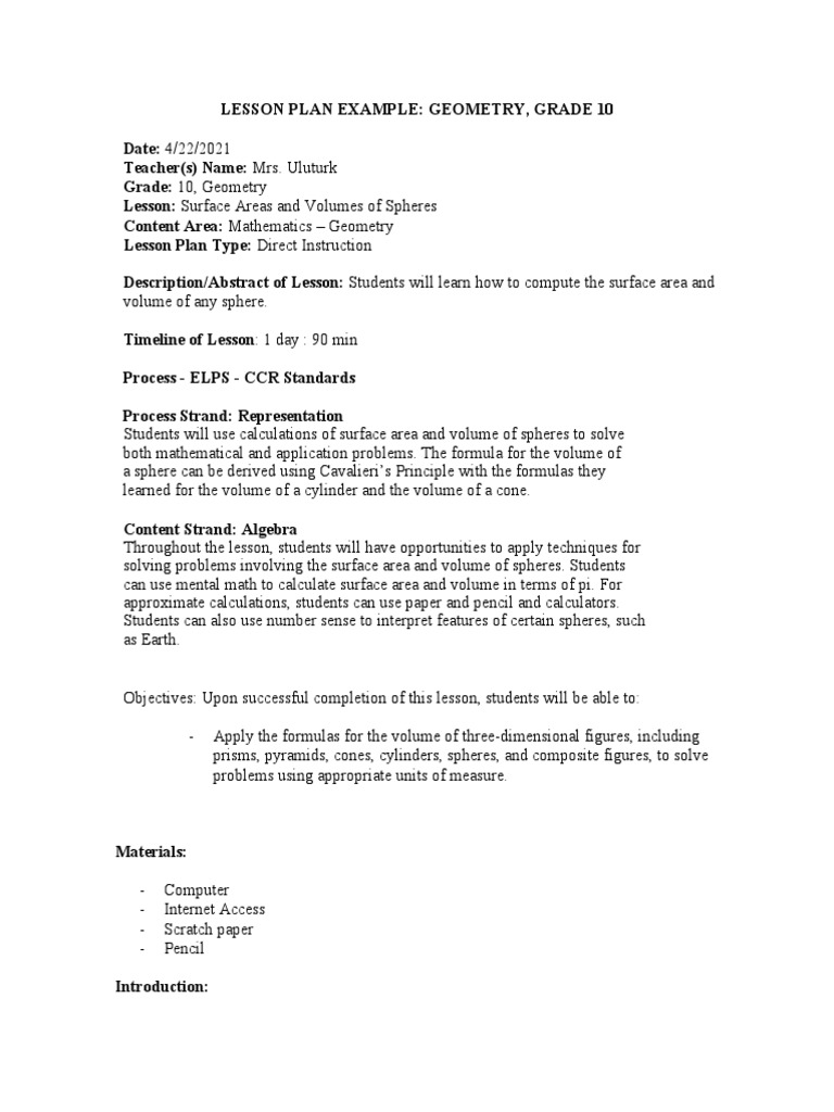 Grade 10 Geometry: Spheres Lesson Plan | PDF | Sphere | Volume