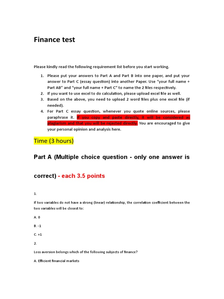 Finance Test: Time (3 Hours) | PDF | Investing | Financial Economics
