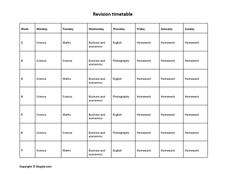 Revision Timetable: Week Monday Tuesday Wednesday Thursday Friday ...