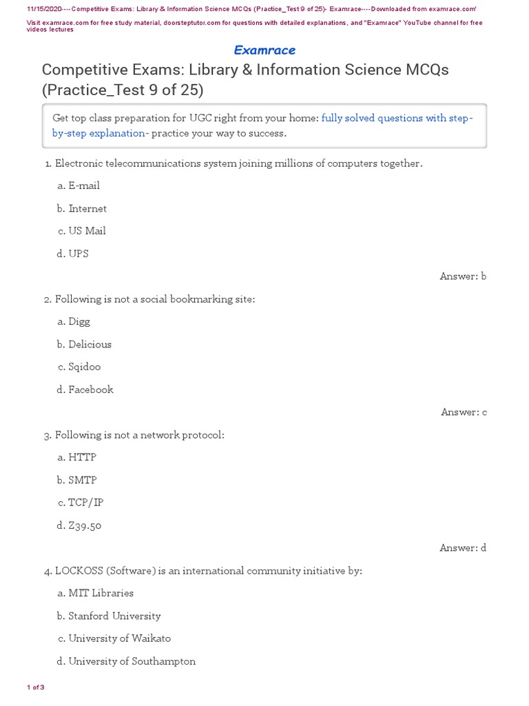 Library Science MCQs Practice Test 9 | PDF | Internet Protocol Suite ...