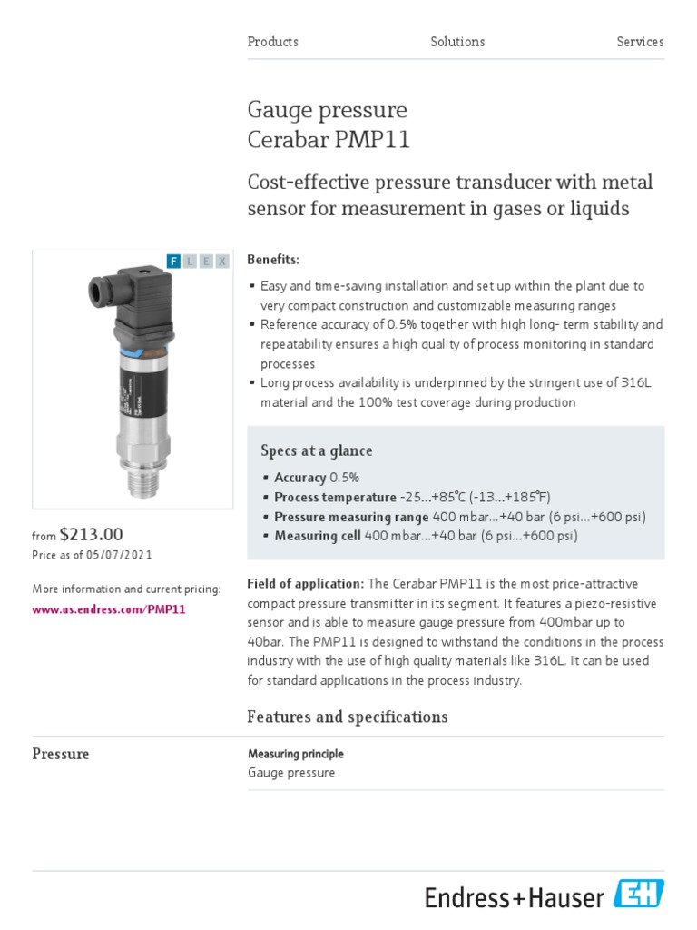 Cerabar PMP11 Pressure Transmitter Overview | PDF | Pressure ...