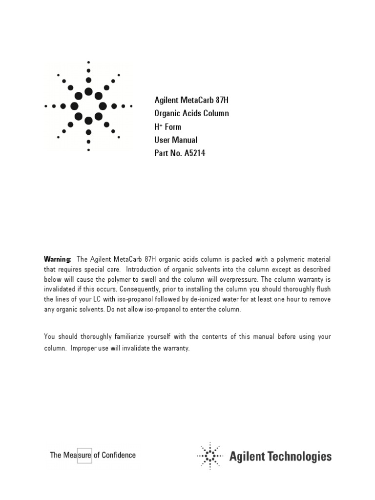 Agilent Metacarb 87H Organic Acids Column H Form User Manual Part No ...