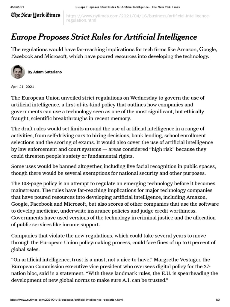 Europe Proposes Strict Rules For Artificial Intelligence The New York