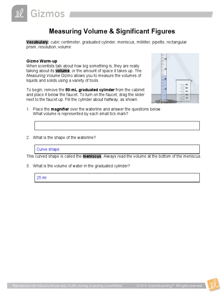 Gizmo Assignment Measuring Volume FillIn PDF Significant Figures