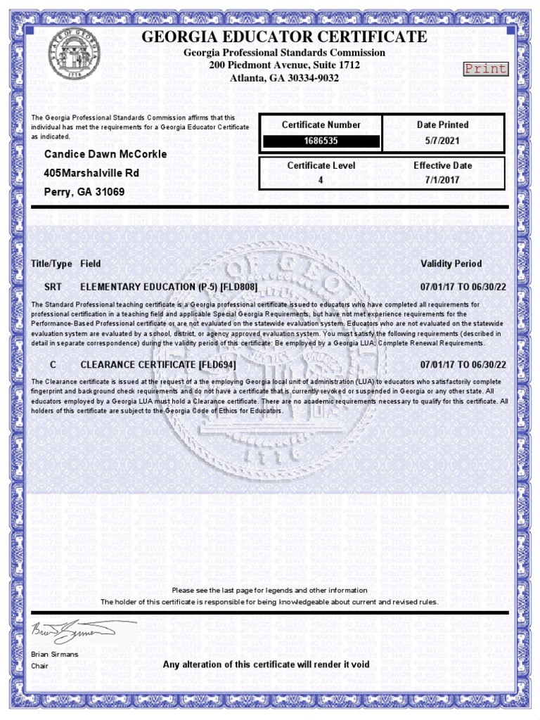 Georgia Educator Certification Details | PDF