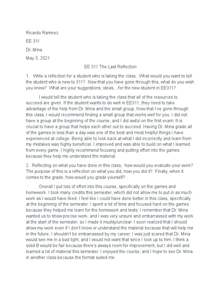 EE 311 Student Reflection Insights | PDF | Cognition