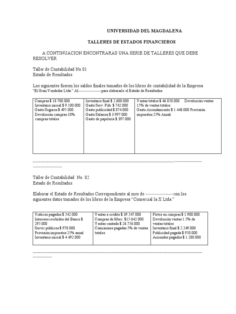 Talleres de Estados Financieros | PDF | Depreciación | Contabilidad