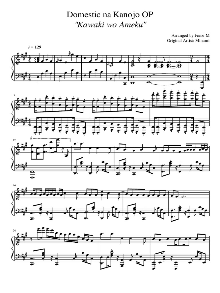 Domestic Na Kanojo OP – Fonzi M Sheet music for Piano (Solo)