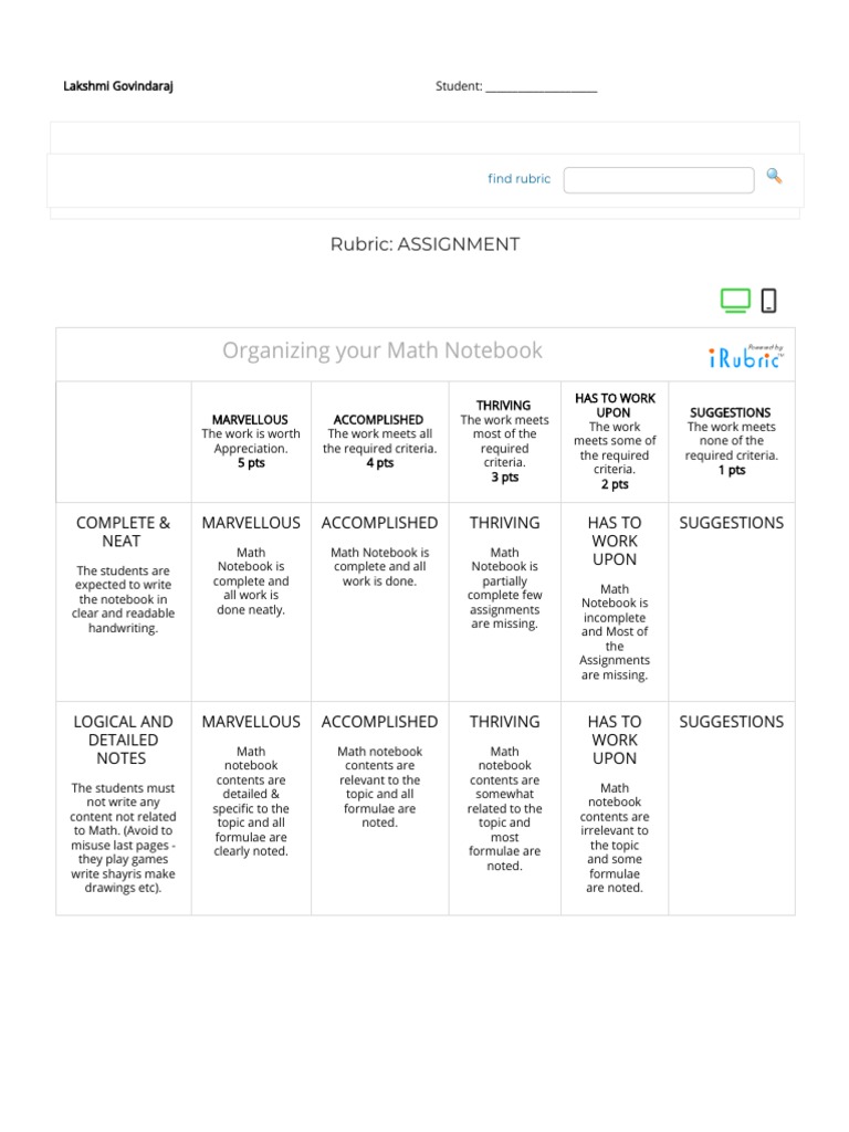 Organizing Your Math Notebook Rubric ASSIGNMENT PDF Worksheet