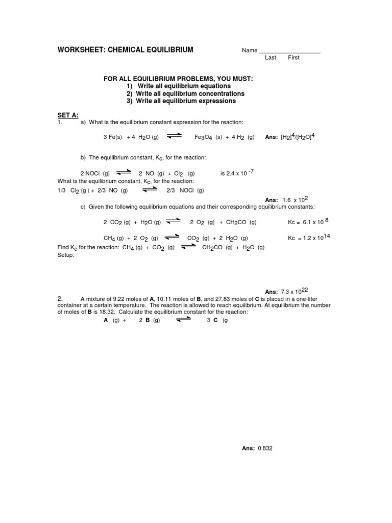 Worksheet Equilibrium Pdf Chemical Equilibrium Mole Unit