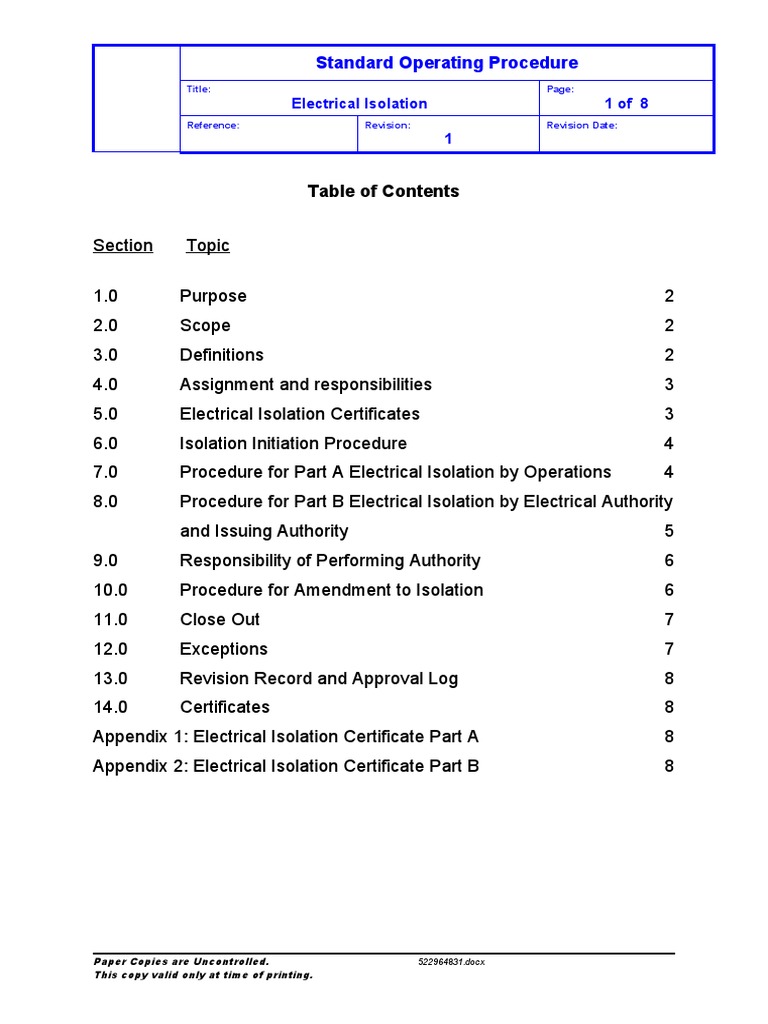 Electrical Isolation Standard Operating Procedure | PDF | Direct ...