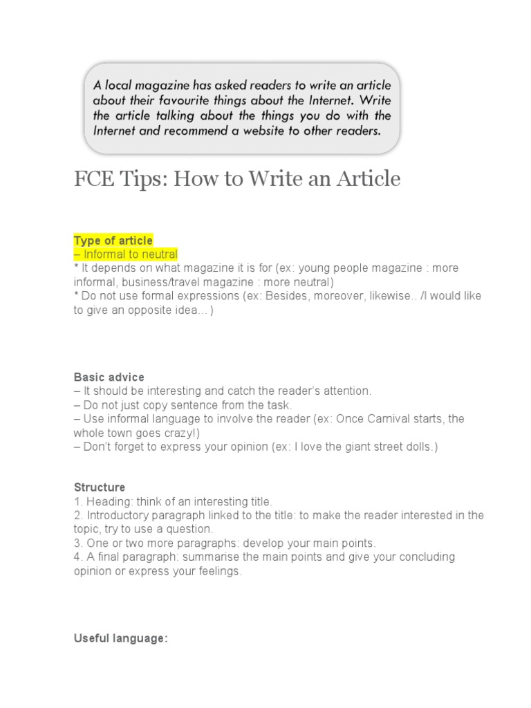 FCE Tips: How To Write An Article | PDF | Linguistics | Human Communication