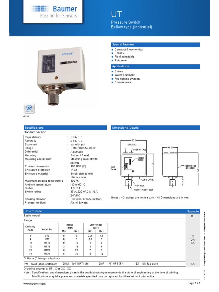 Baumer Pressure Switch Ut PDF Manufactured Goods Equipment