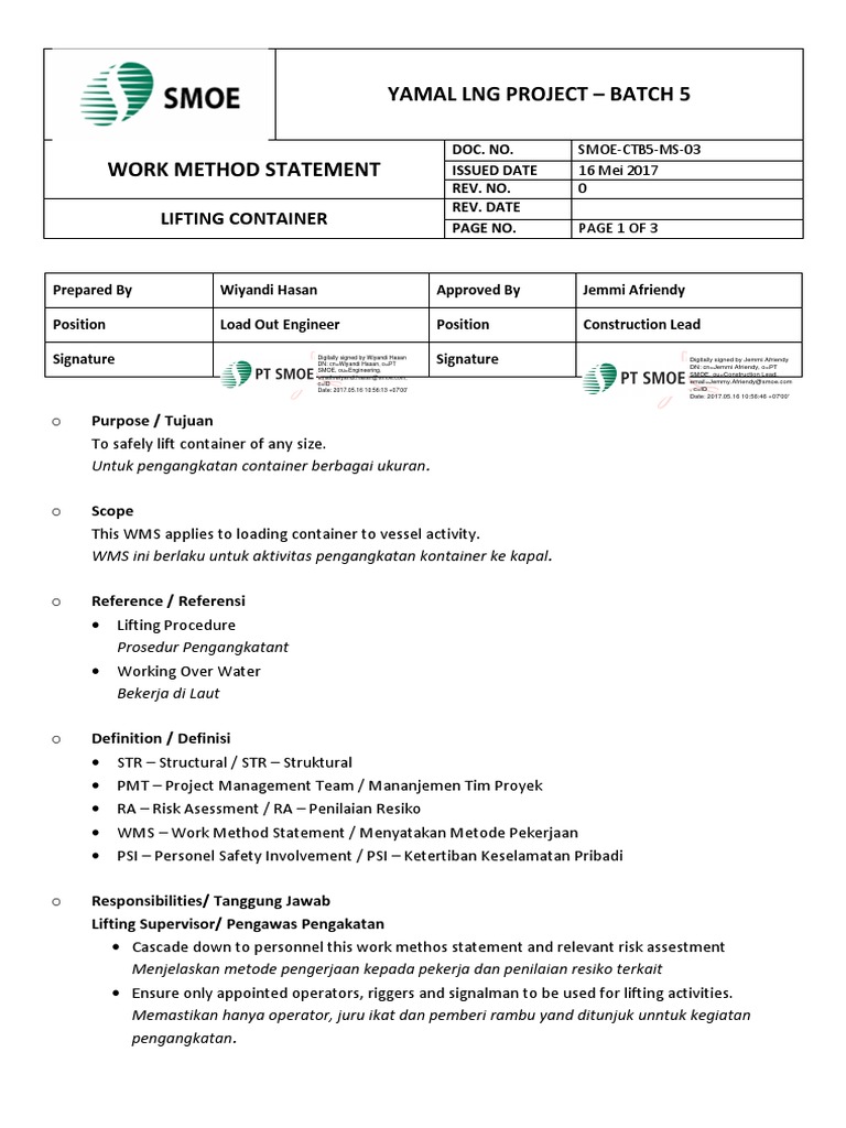 Container Lifting Method Statement | PDF | Rigging | Construction Equipment