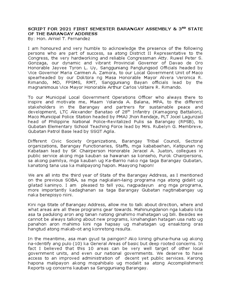 Script For 2021 First Semester Barangay Assembly | PDF | Social Science