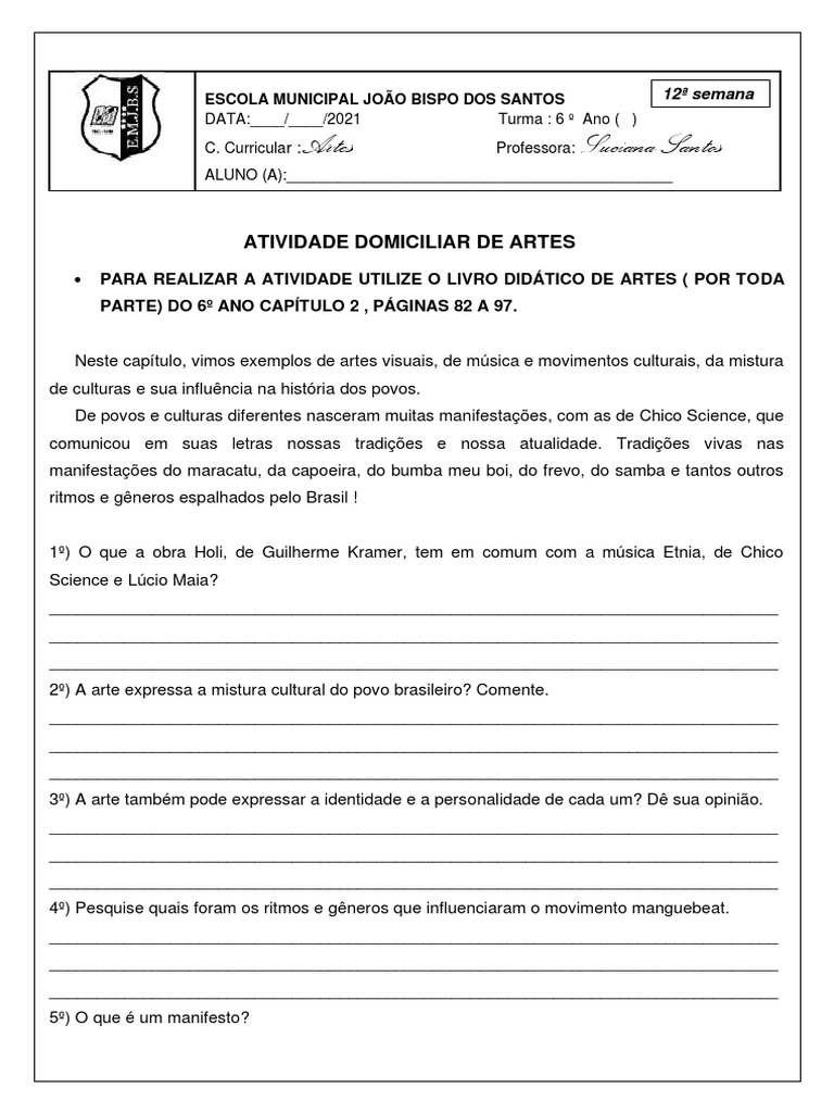 Atividade Da Décima Segunda Semana de Artes Do 6º Ano A | PDF | Artes ...