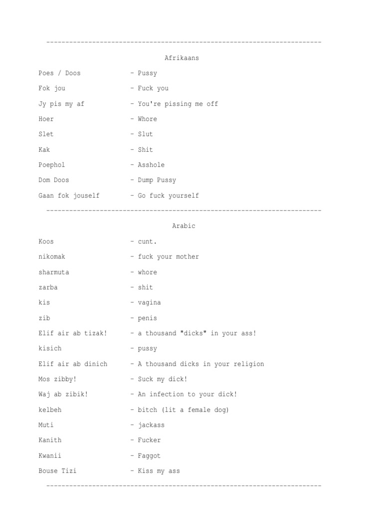 Swear Words in Multiple Languages | PDF | Fuck | Dialect