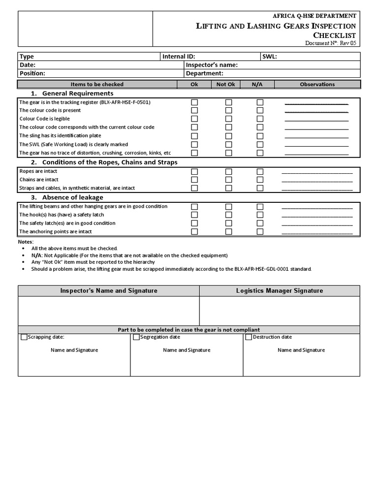 LiftingLashing Gear Inspection Checklist PDF Rope Manufactured Goods