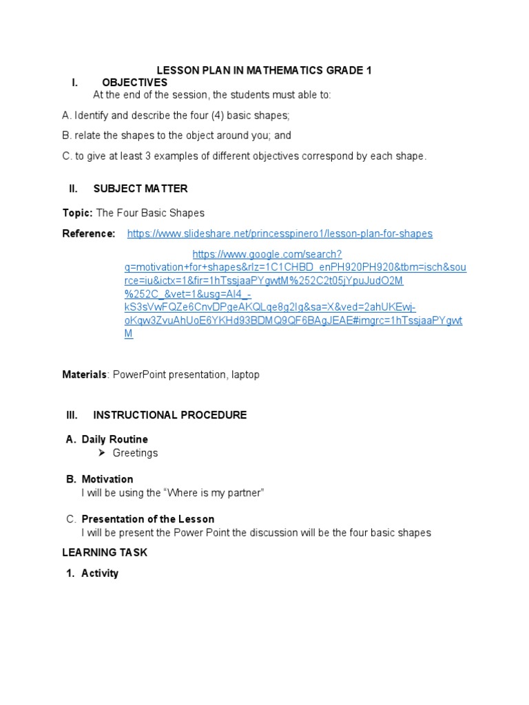 Lesson Plan in Mathematics Grade 1 | PDF