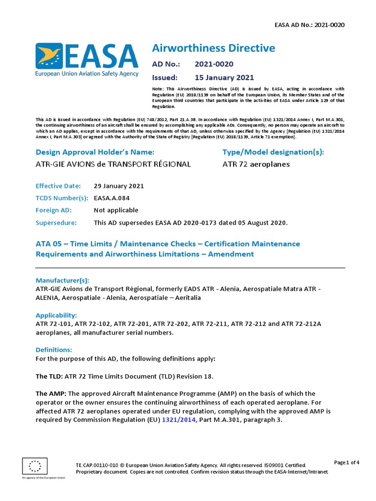 Airworthiness Directive: Design Approval Holder's Name: Type/Model ...