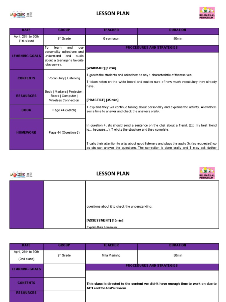9th Grade Lesson Plan Overview | PDF | Lesson Plan | Homework