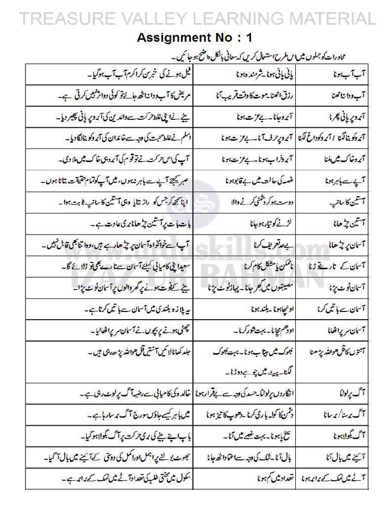 Urdu Idioms Meanings Sentences PDF