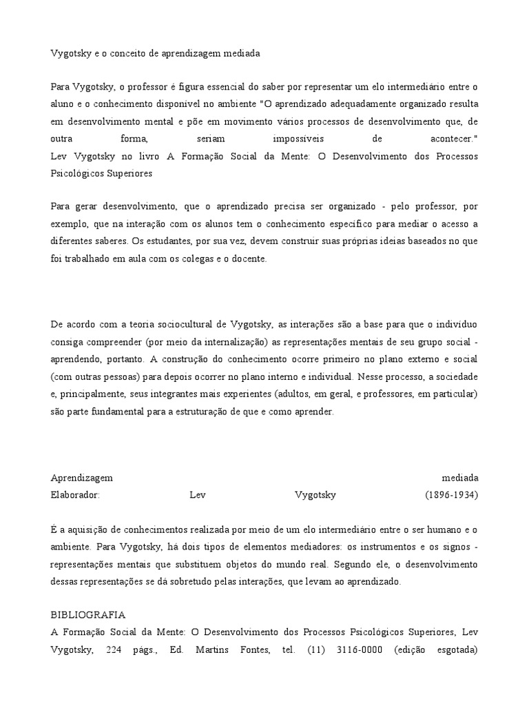 Vygotsky e a Aprendizagem Mediadora | PDF | Aprendizado | Humano