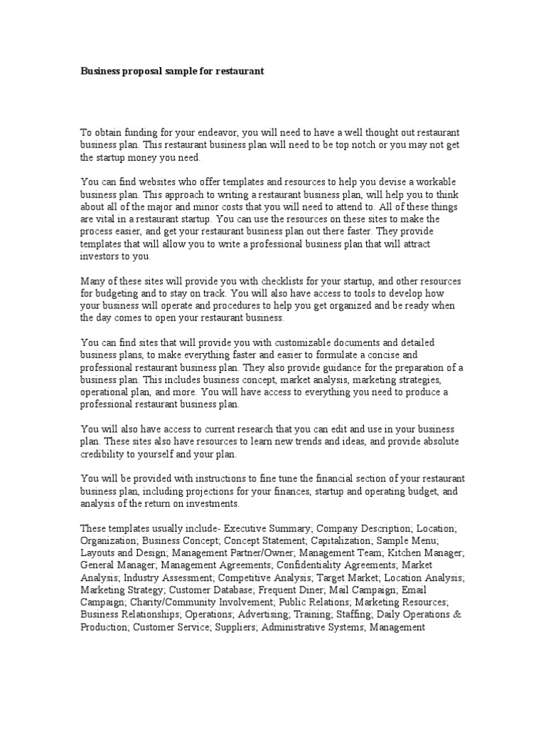 Business Proposal Sample For Restaurant  PDF  Business Plan In Why Write A Restaurant Enterprise Plan