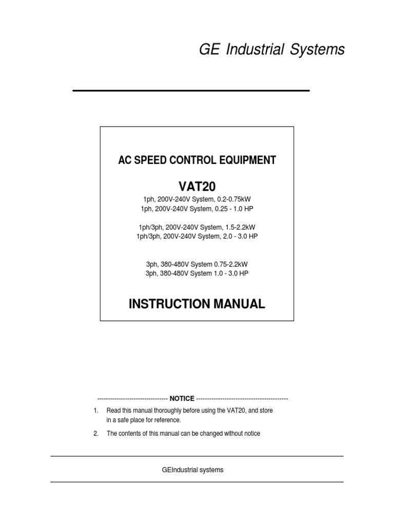 Instruction Manual for GE Industrial Systems AC Speed Control Equipment VAT20 Inverters PDF