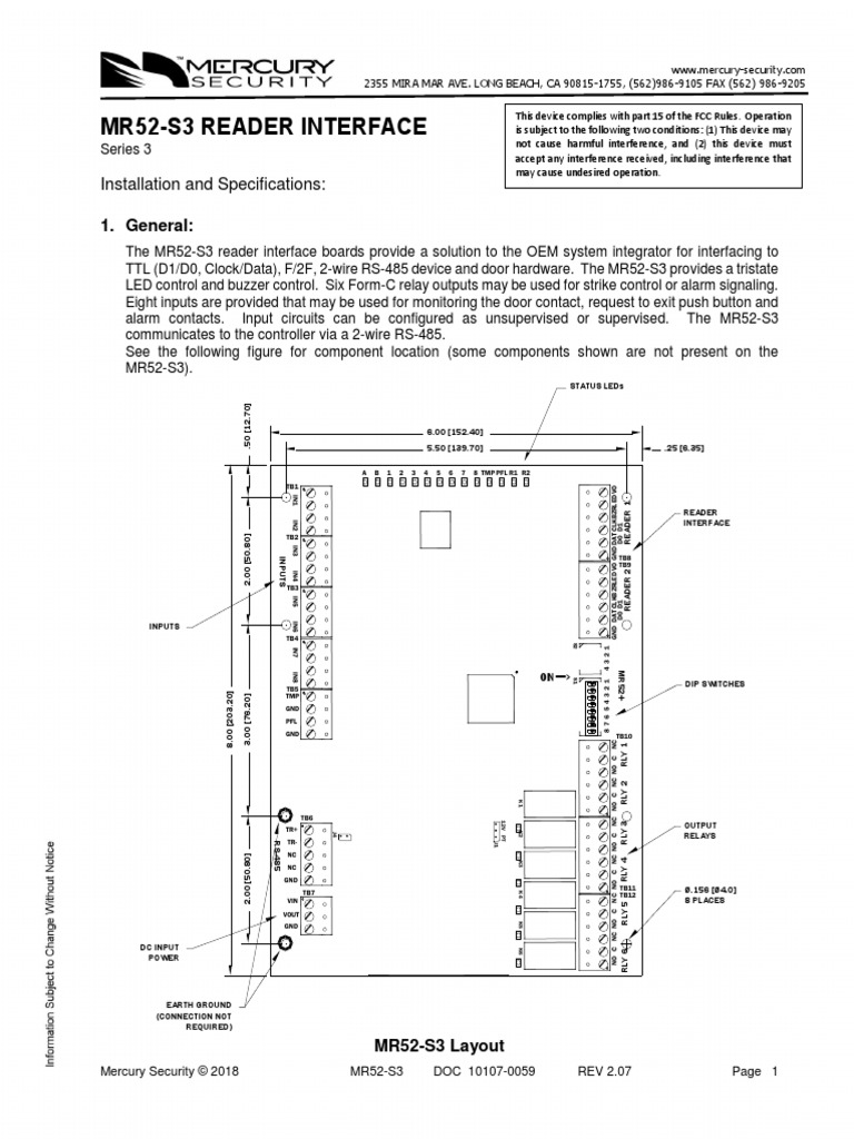 Mr52S3 Reader Interface Installation and Specifications PDF