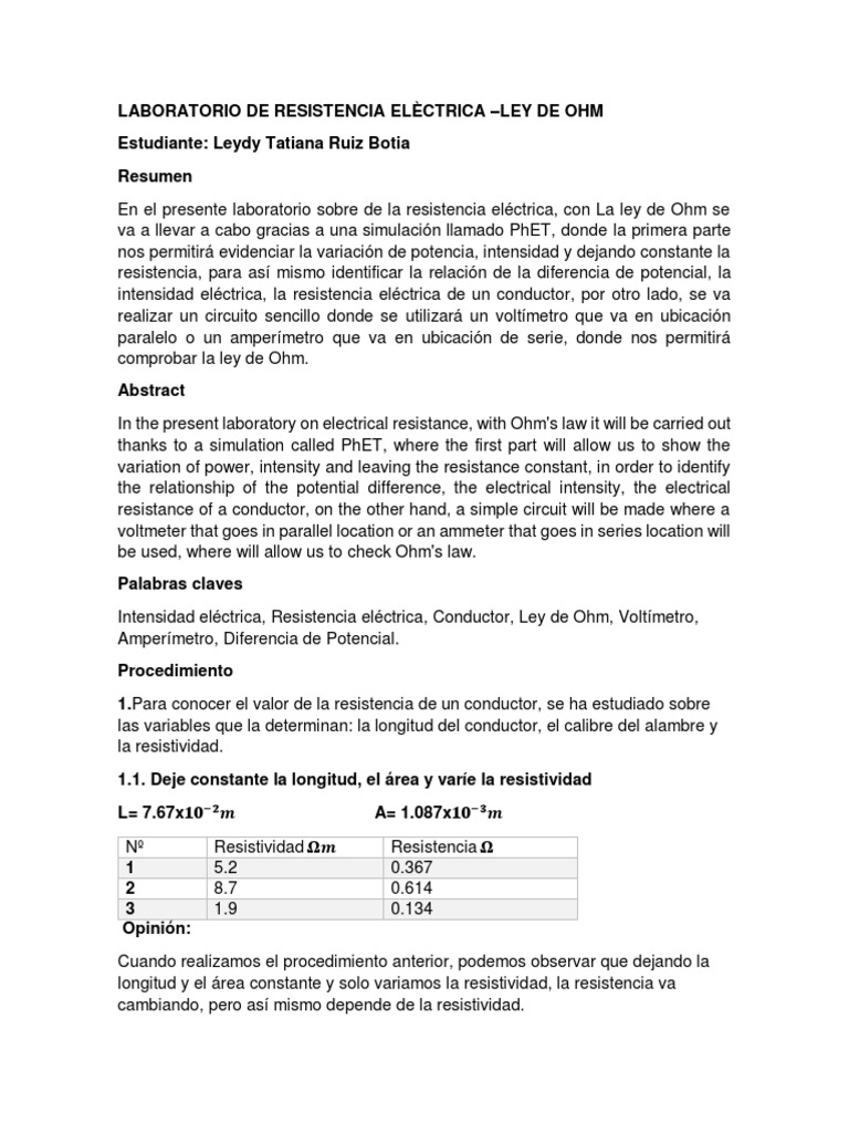 Laboratorio de Resistencia Elèctrica | PDF | Resistencia Eléctrica y ...
