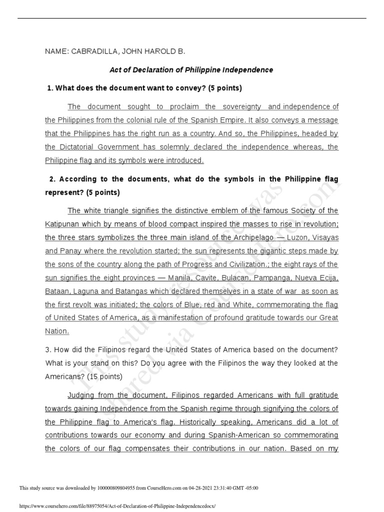 Act of Declaration of Philippine Independence | PDF | Political ...