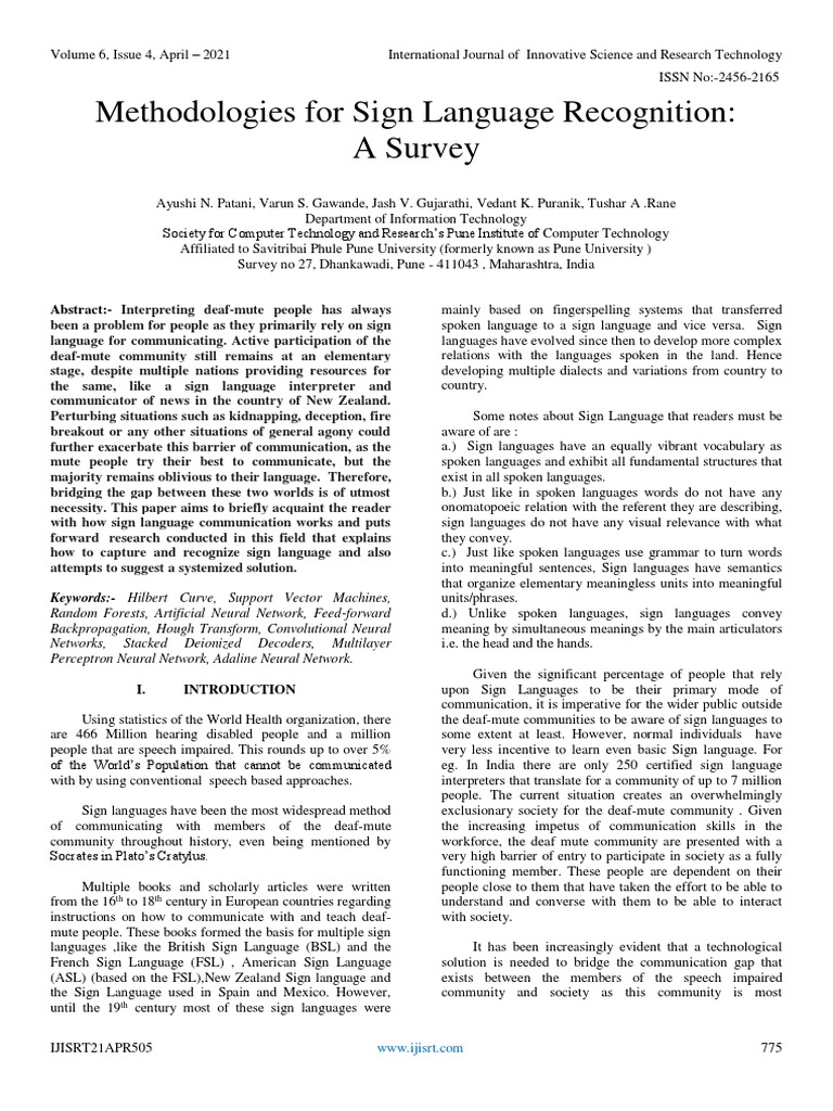 Methodologies For Sign Language Recognition A Survey | PDF | Sign ...