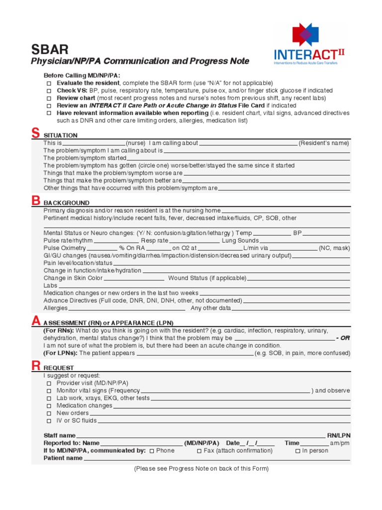 SBAR Communication Tool and Progress Note | Medical Specialties | Medicine