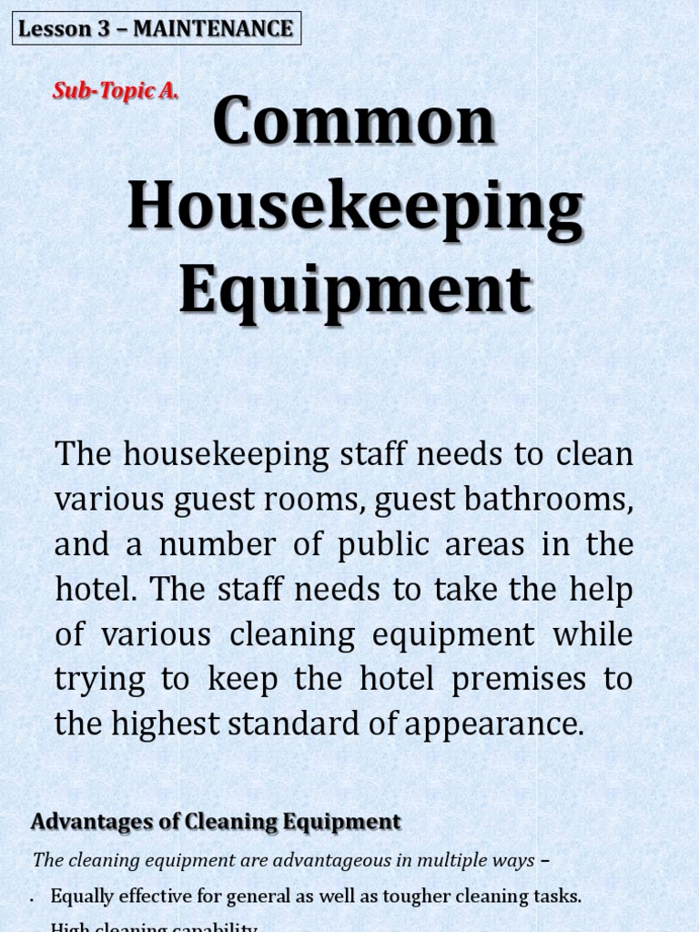 Housekeeping Equipment Maintenance Guide | PDF | Disinfectant ...