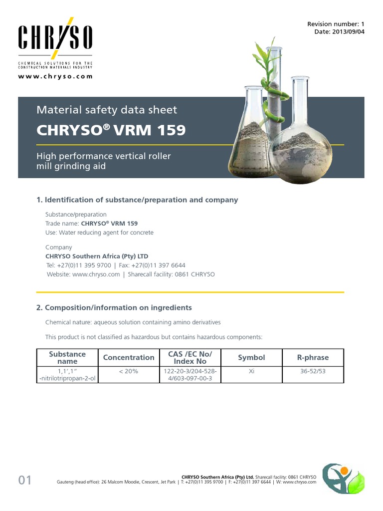 Chryso VRM 159: Material Safety Data Sheet | PDF | Personal Protective ...