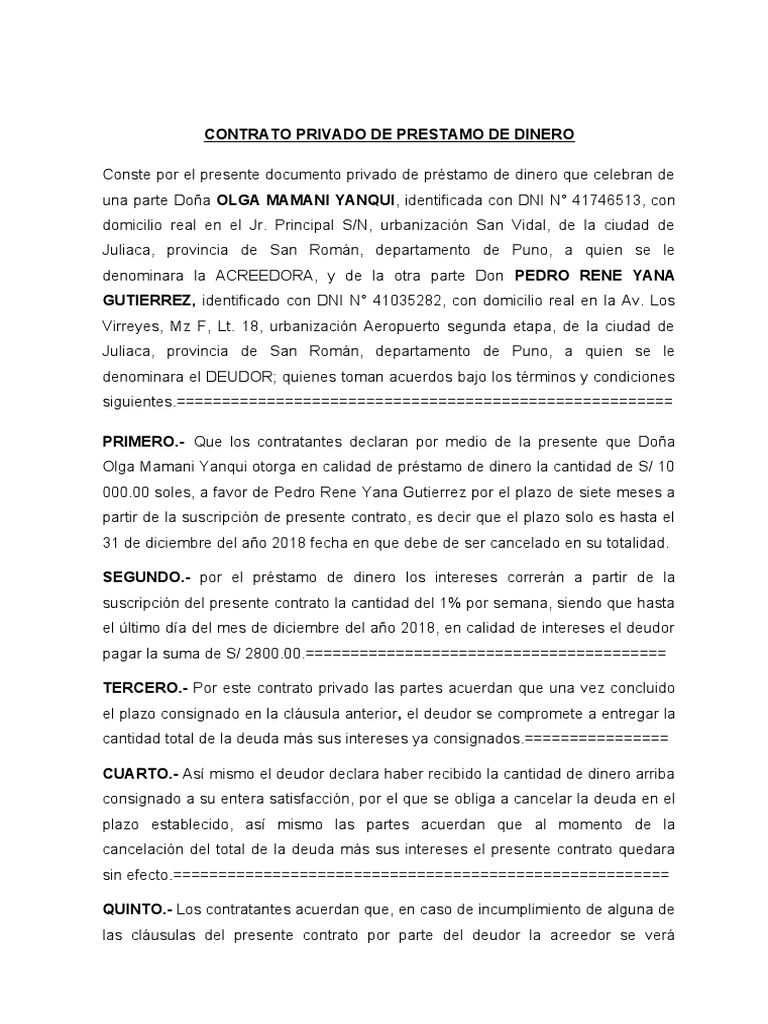 Contrato Privado de Prestamo de Dinero Olga Yana | PDF | Finanzas (general)