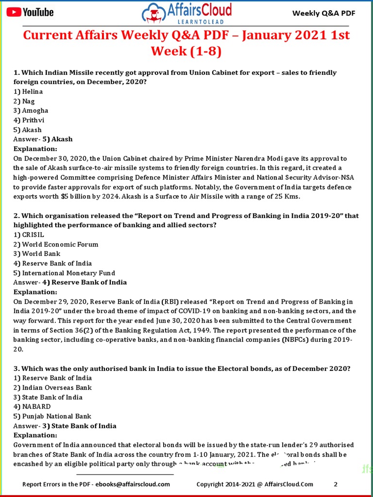 Current Affairs Weekly Q&A PDF - January 2021 1st Week (1-8) | PDF ...