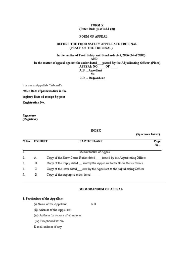 Form X Form of Appeal Before The Food Safety Appellate Tribunal PDF