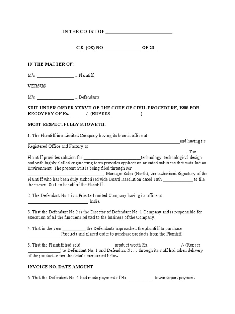 Recovery of Money Summary Suit PDF Lawsuit Cheque