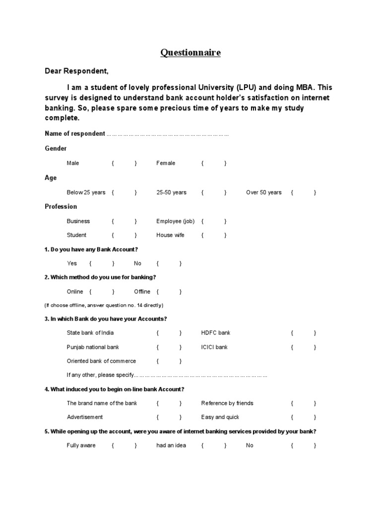 Questionnaire of Bank Account Holder's Satisfaction On Banking