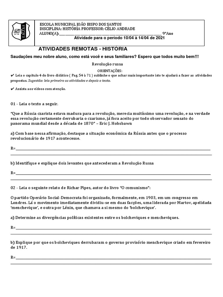 Atividade Remota Revolução Russa 9 Ano PDF Revolução Russa Vladimir Lenin